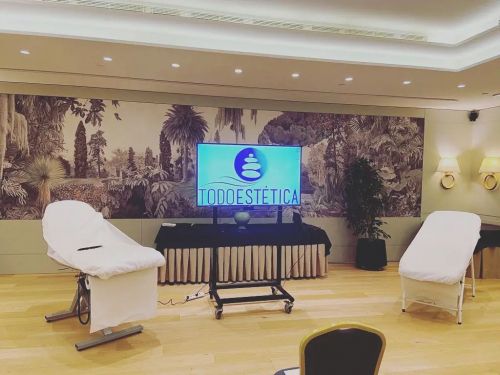 Stand de Todo Estética en una de las ferias con dos asientos y una pantalla con logo de la empresa